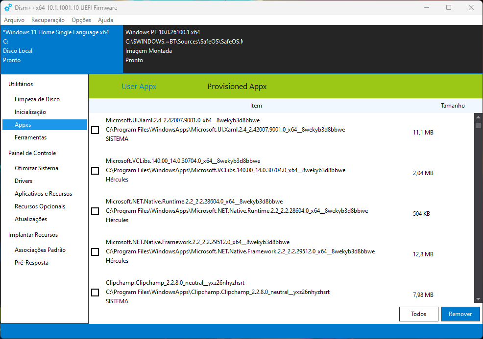 O DISM++ facilita a desinstalação de aplicativos nativos do Windows, como o OneDrive ou Cortana, que geralmente não são removíveis via configurações padrão.