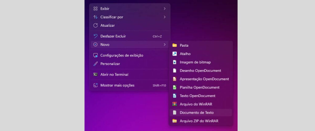 Abra qualquer pasta e use o menu de contexto do Windows para criar um arquivo de texto. Para fazer isso, você deve abrir um diretório e clicar com o botão direito do mouse, selecionar 