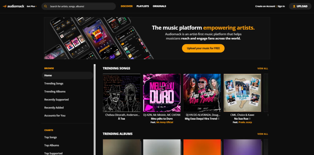 Audiomack é uma plataforma de streaming e download de música gratuita, com várias faixas de hip-hop, rap e outros gêneros populares. Muitas músicas podem ser baixadas diretamente para o seu PC, ideal para quem curte ritmos contemporâneos.