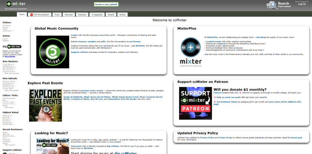 CCmixter é um site colaborativo onde artistas compartilham suas músicas sob licenças Creative Commons. Você pode encontrar uma grande variedade de faixas que podem ser usadas em diferentes tipos de projetos, incluindo vídeos e podcasts.