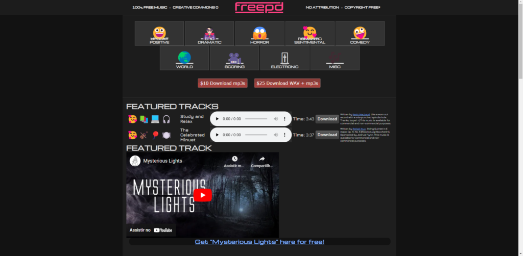 O FreePD é um site que oferece músicas de domínio público sem restrições de uso. É uma excelente fonte para quem precisa de trilhas sonoras sem complicações.