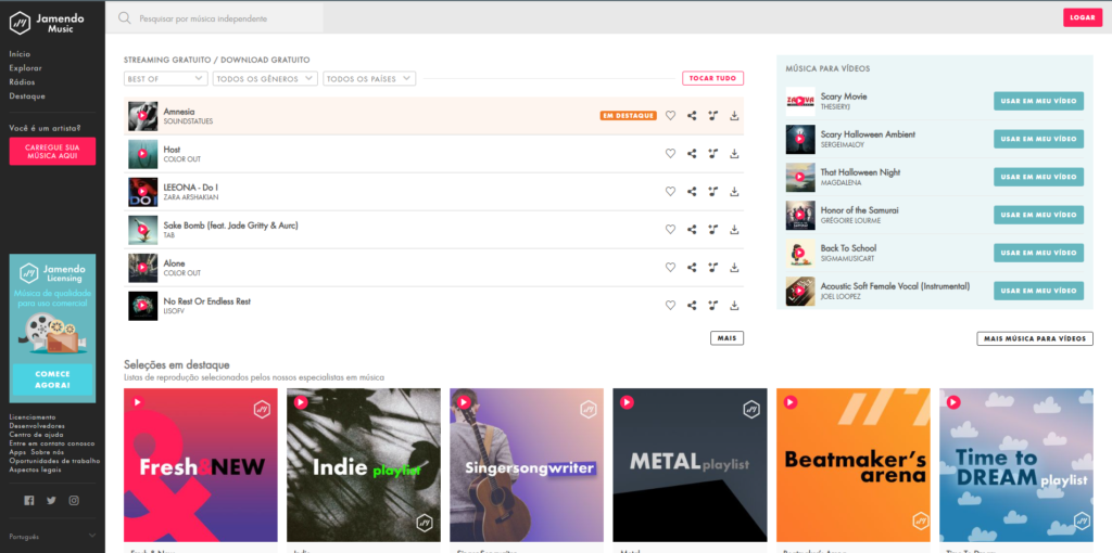 Jamendo Music é uma plataforma que conta com músicas de artistas independentes de todo o mundo. Além de poder baixar músicas para uso pessoal, também é possível encontrar licenças comerciais para quem deseja utilizar as faixas em projetos.