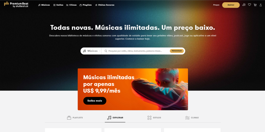 Premium Beat é um site que oferece músicas livres de royalties e é ideal para quem está disposto a pagar por alta qualidade. Apesar de ser mais focado em vendas, ocasionalmente oferece downloads gratuitos.