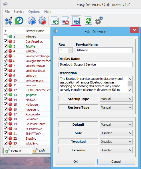 O Easy Service Optimizer detecta automaticamente sua versão do Windows e exibe uma lista específica de serviços que podem ser otimizados.