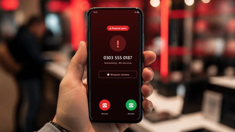 Celular recebendo uma ligação marcada como possível spam de telemarketing, com a opção Bloquear número
