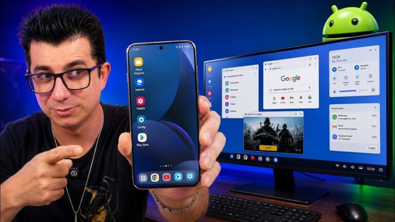 Celular Android ligado ao monitor no modo DeX
