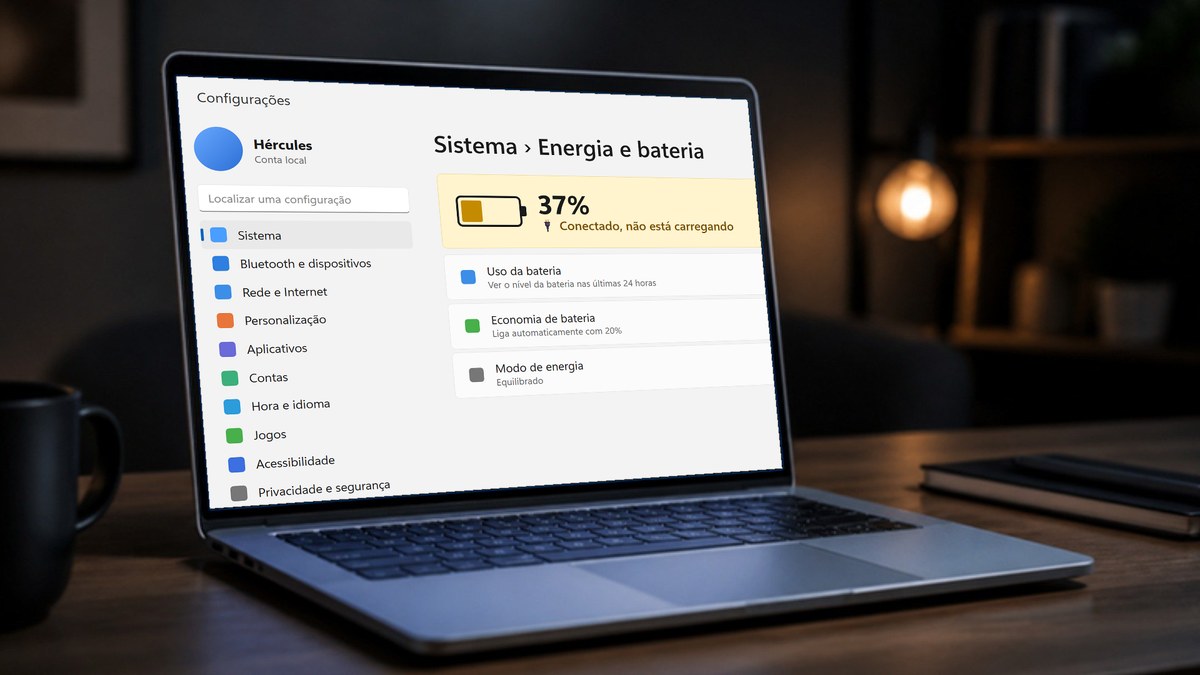 Notebook com a tela Energia e bateria do Windows 11 mostrando Conectado, não está carregando