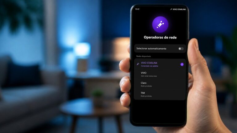 Celular mostrando a tela Operadoras de rede conectada à rede VIVO STARLINK via satélite